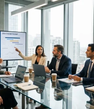 Professional business analyst reviewing performance reports on a laptop and tablet in a modern office environment