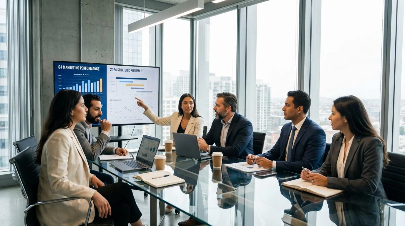Professional business analyst reviewing performance reports on a laptop and tablet in a modern office environment